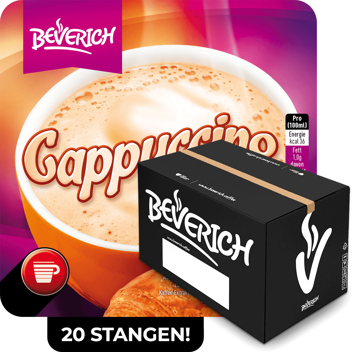 Das ist ein Karton, gefüllt mit InCup Bechern des Classic Cappuccinos unserer Marke, Beverich.