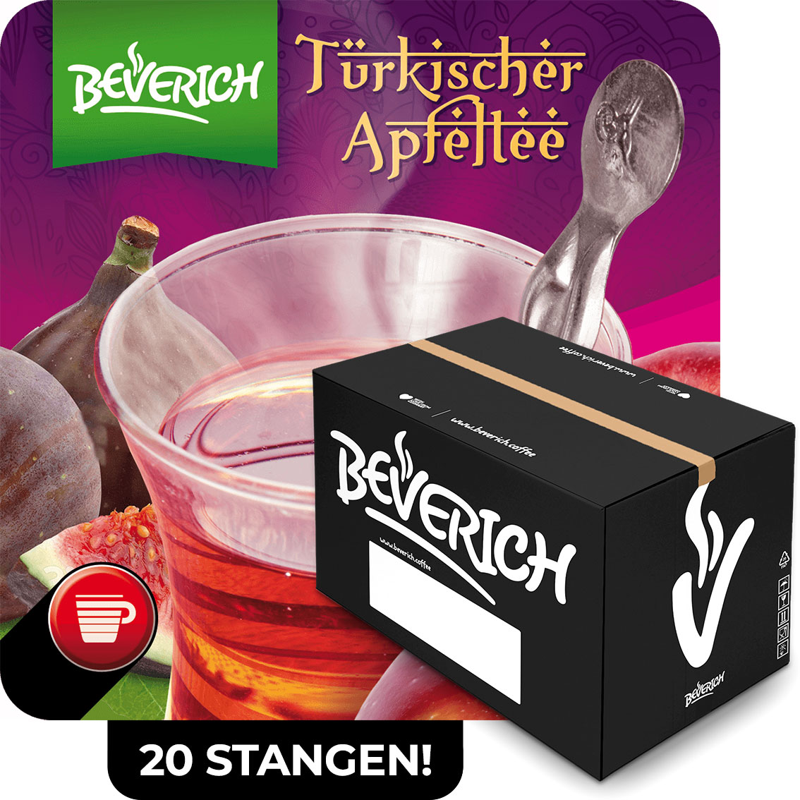 Das ist ein Karton, gefüllt mit InCup Bechern des Tees Türkischer Apfeltee unserer Marke, Beverich.