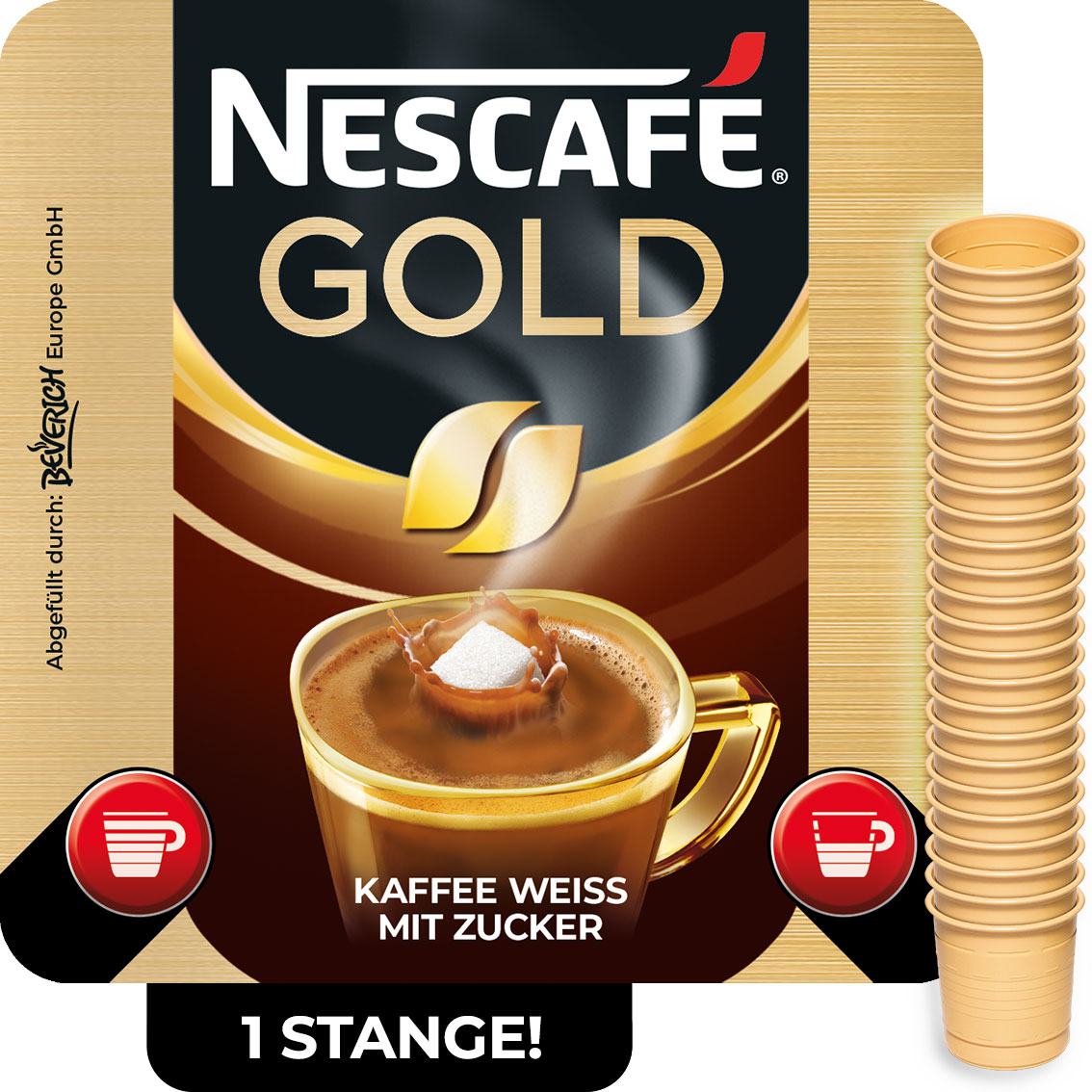 Das ist eine Stange, bestehend aus den InCup Bechern des Kaffees Nescafé Gold weiß mit Zucker.