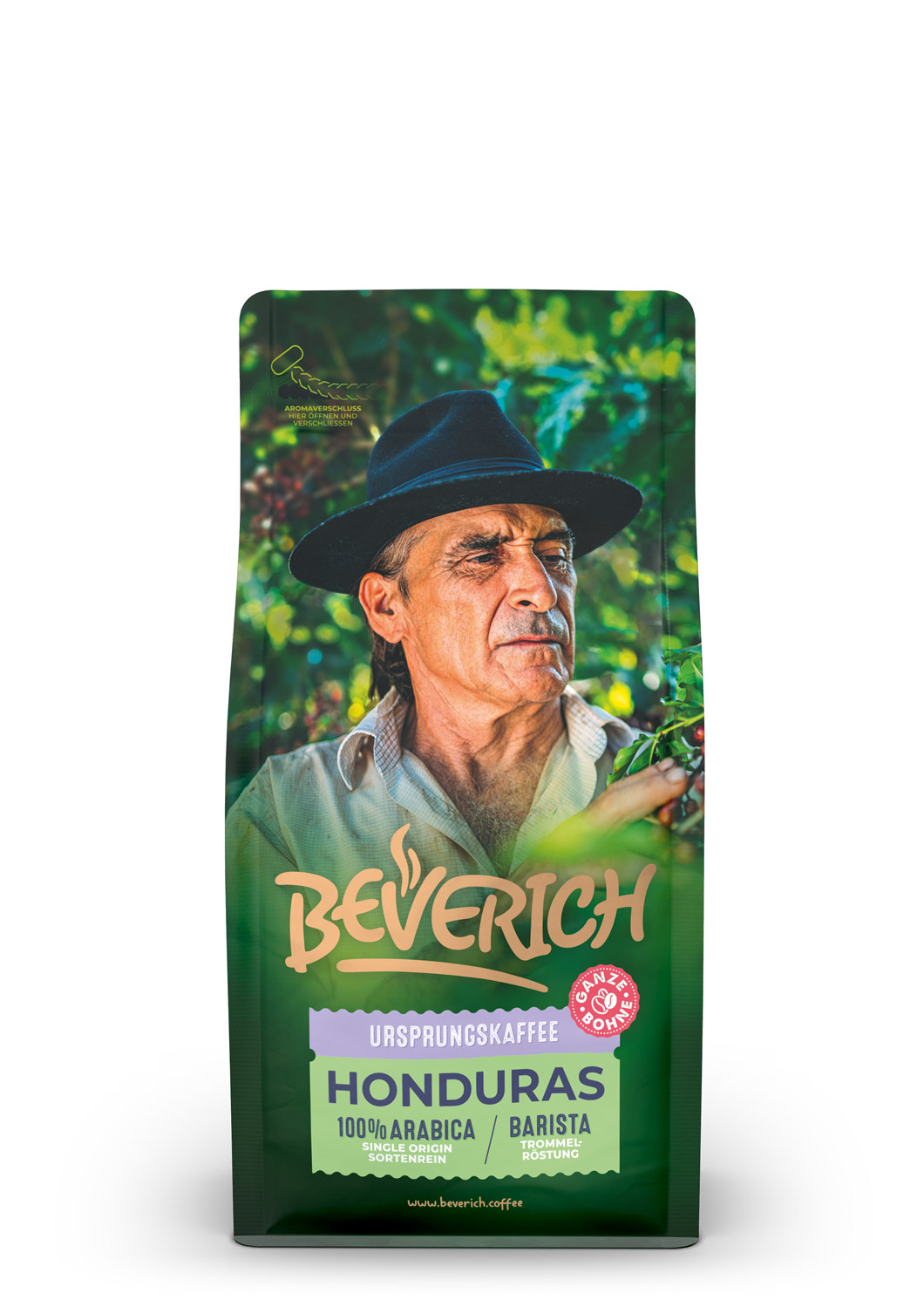 Das ist die Frontansicht einer 250 Gramm Tüte des Ursprungskaffees Honduras von Beverich, auf der das Logo der Firma Beverich erkennbar ist.