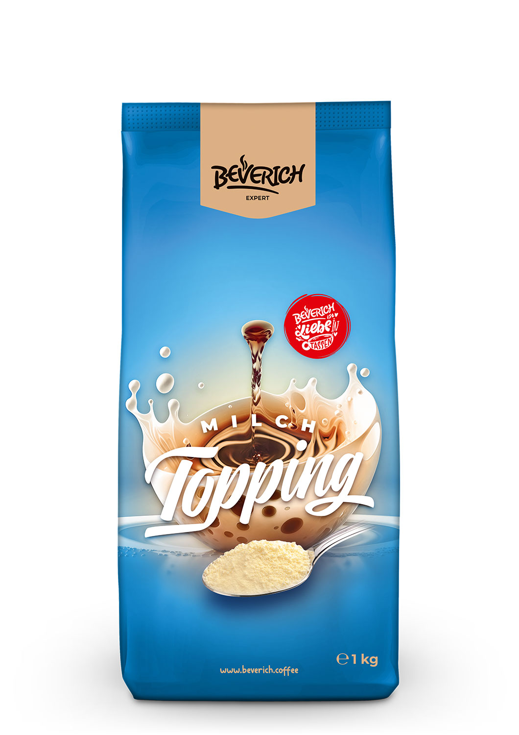 Das ist eine 1000 Gramm Tüte, gefüllt mit dem Expert Instant Füllprodukt IMilch Topping von Beverich.