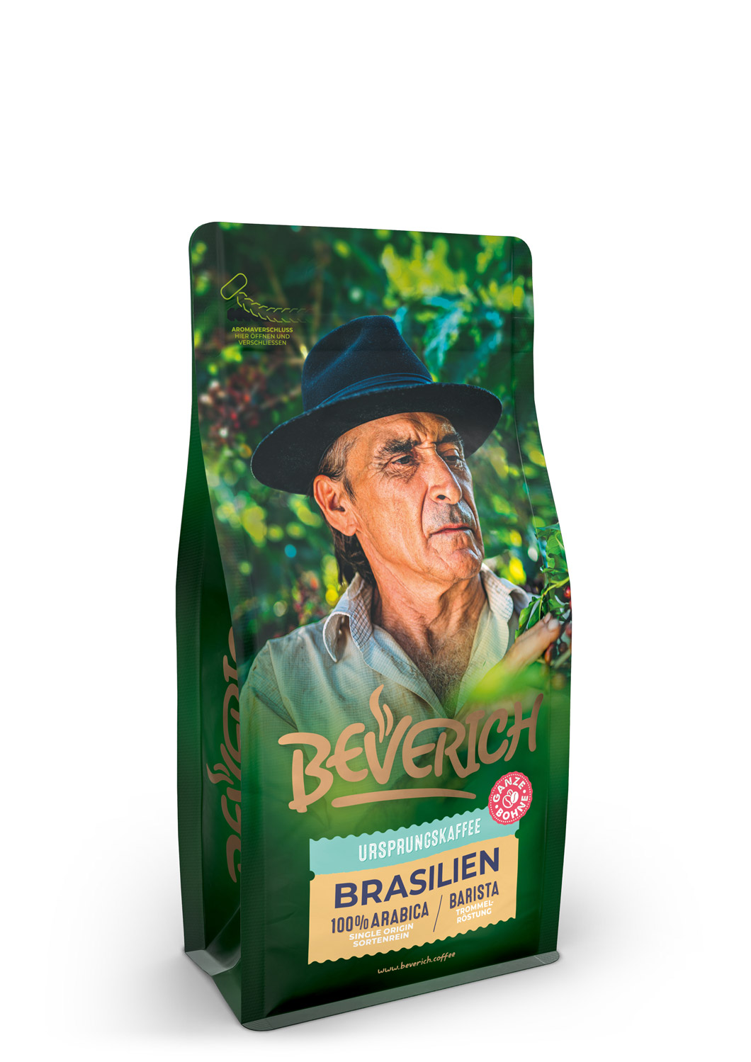 Das ist die Seitenansicht einer 250 Gramm Tüte des Ursprungskaffees Brasilien von Beverich, auf der das Logo der Firma Beverich erkennbar ist.