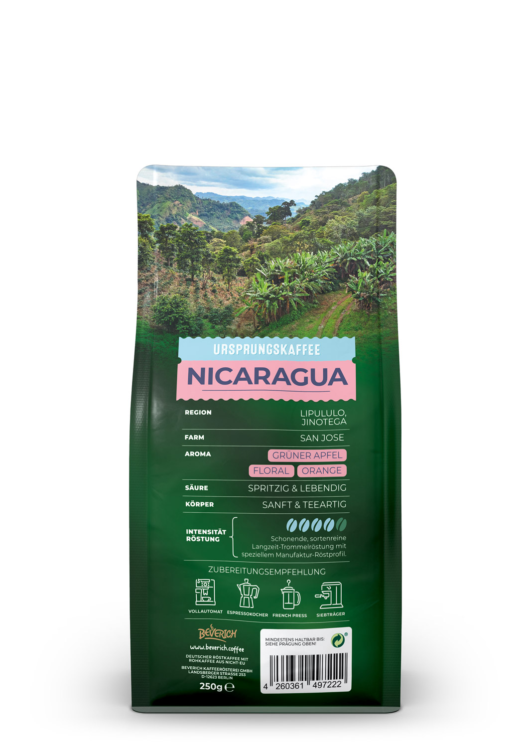 Das ist die Rückansicht einer 250 Gramm Tüte des Ursprungskaffees Nicaragua von Beverich, mit Hinweisen zur Verwendung und den Zutaten des Produkts.