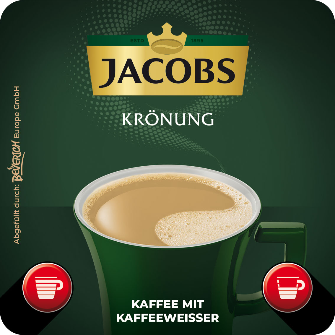 Das ist eine Tasse, gefüllt mit dem InCup Kaffee Jacobs Krönung weiß.