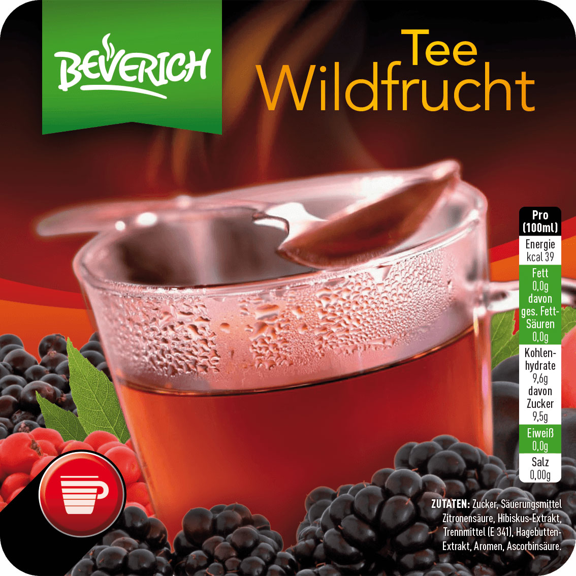 Das ist eine Tasse aus Glas, gefüllt mit dem InCup Wildfruchttee unserer Marke, Beverich.