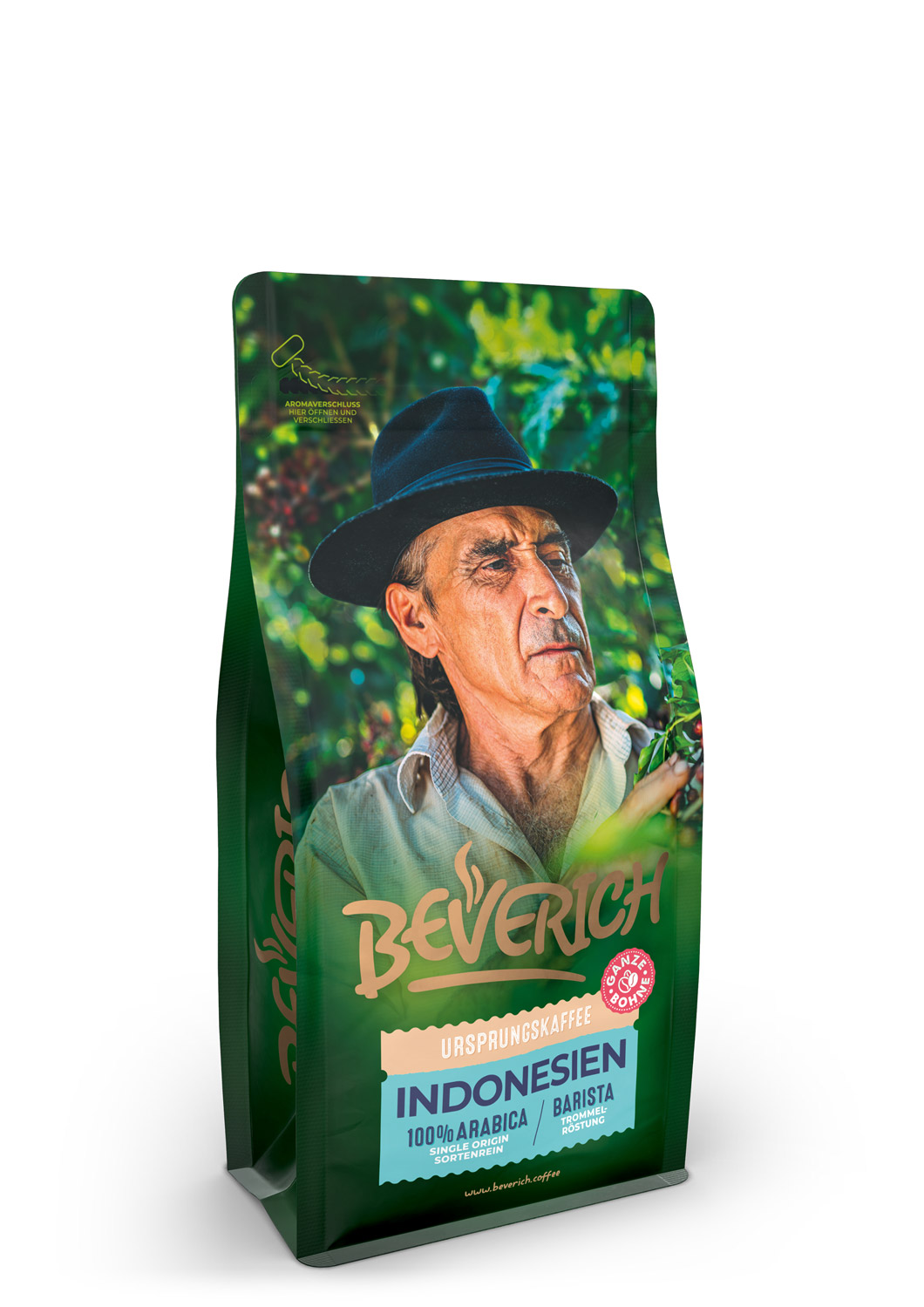 Das ist die Seitenansicht einer 250 Gramm Tüte des Ursprungskaffees Indonesien von Beverich, auf der das Logo der Firma Beverich erkennbar ist.