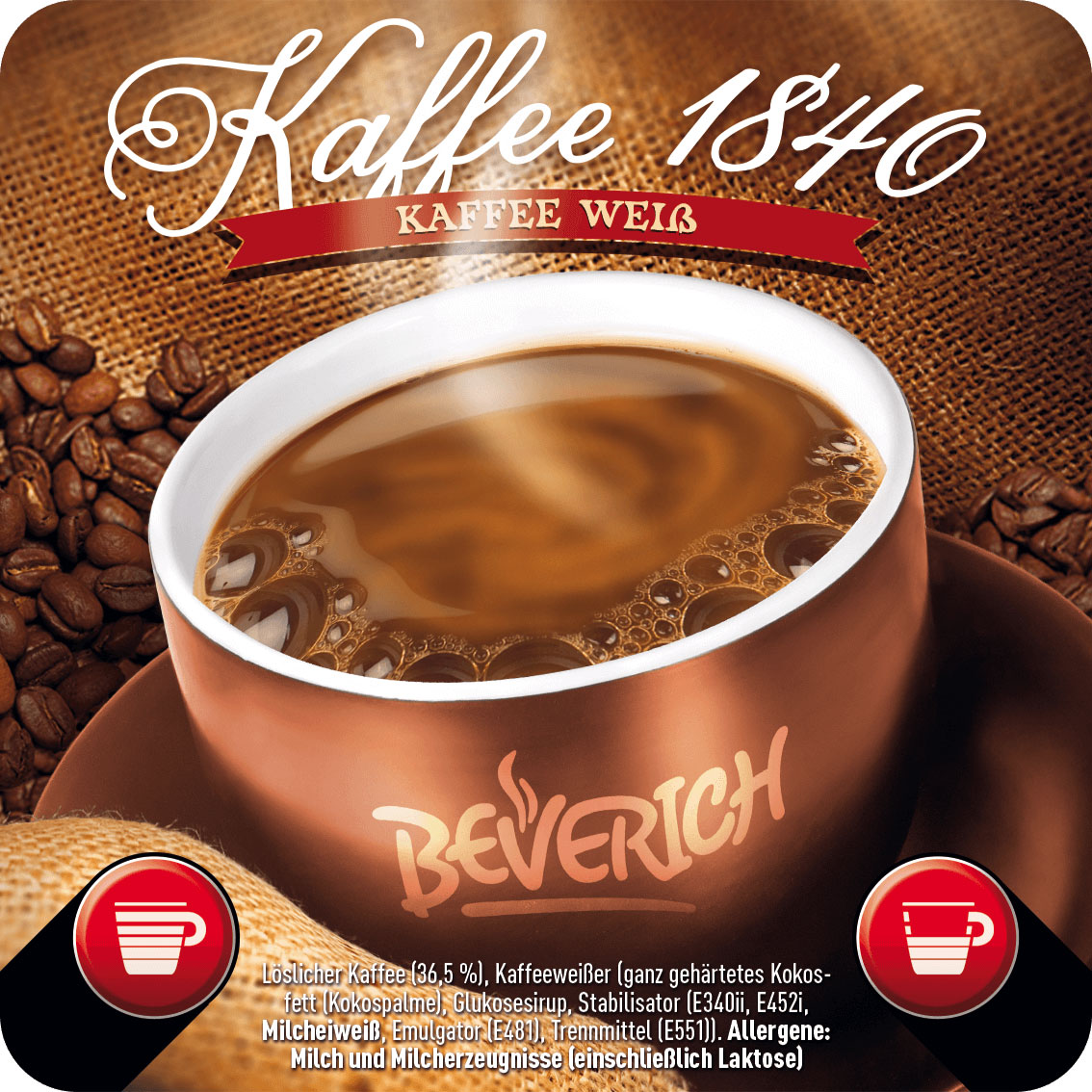 Das ist eine Tasse, gefüllt mit dem InCup Kaffee 1840 weiß, von unserer Marke Beverich.