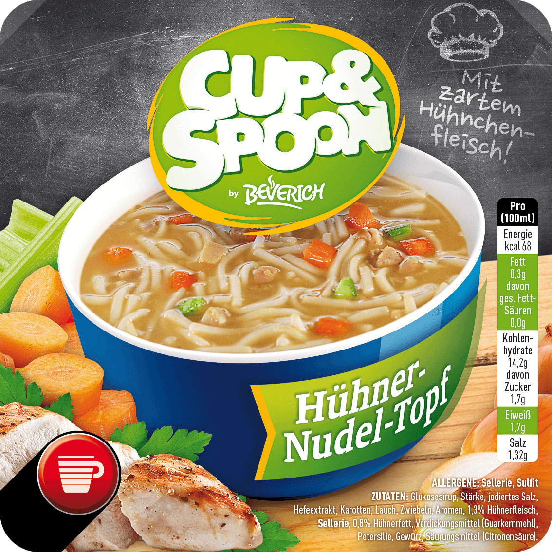 Das ist eine Schüssel, gefüllt mit der InCup Suppe Hühner-Nudel-Topf unserer Marke, Cup & Spoon.