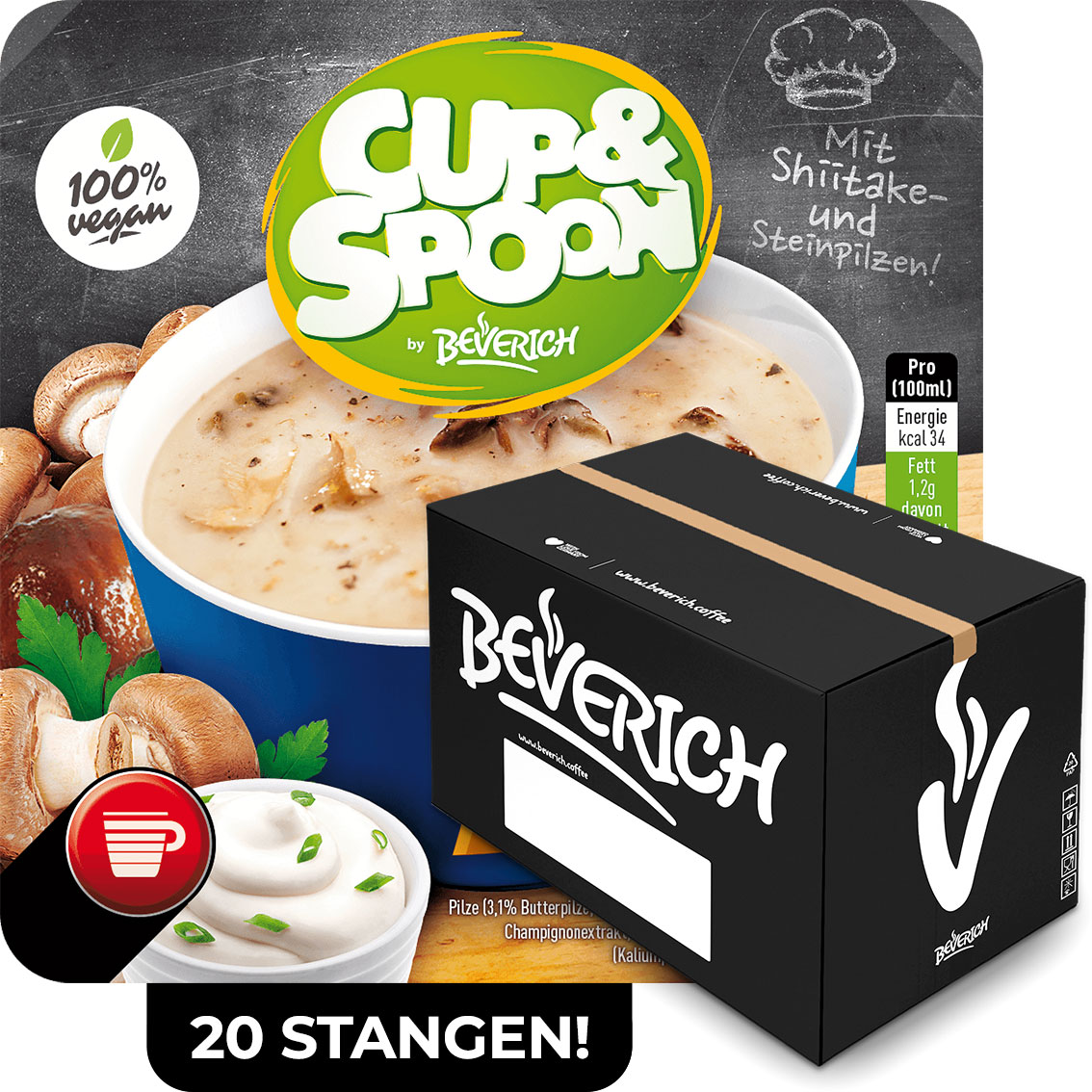Das ist ein Karton, gefüllt mit InCup Bechern der Suppe Waldpilz-Cremè unserer Marke, Cup & Spoon.