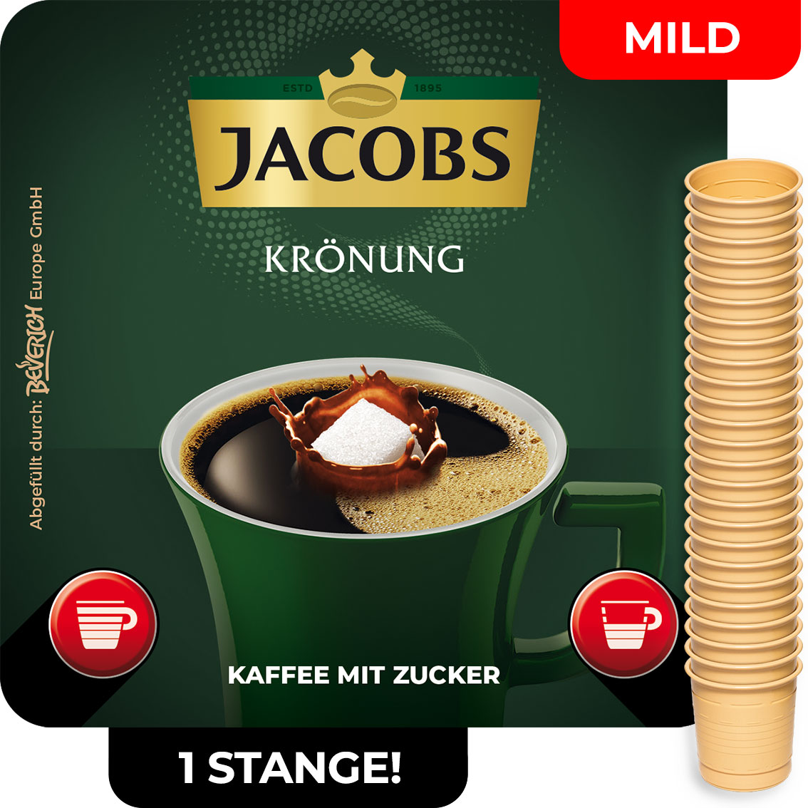 Das ist eine Stange, bestehend aus den InCup Bechern des milden Kaffees Jacobs Krönung mit Zucker.