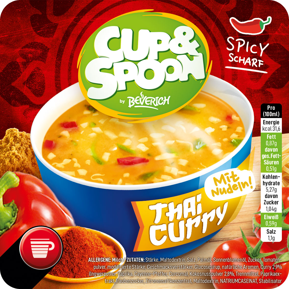 Das ist eine Schüssel, gefüllt mit der scharfen InCup Suppe Thai Curry unserer Marke, Cup & Spoon.