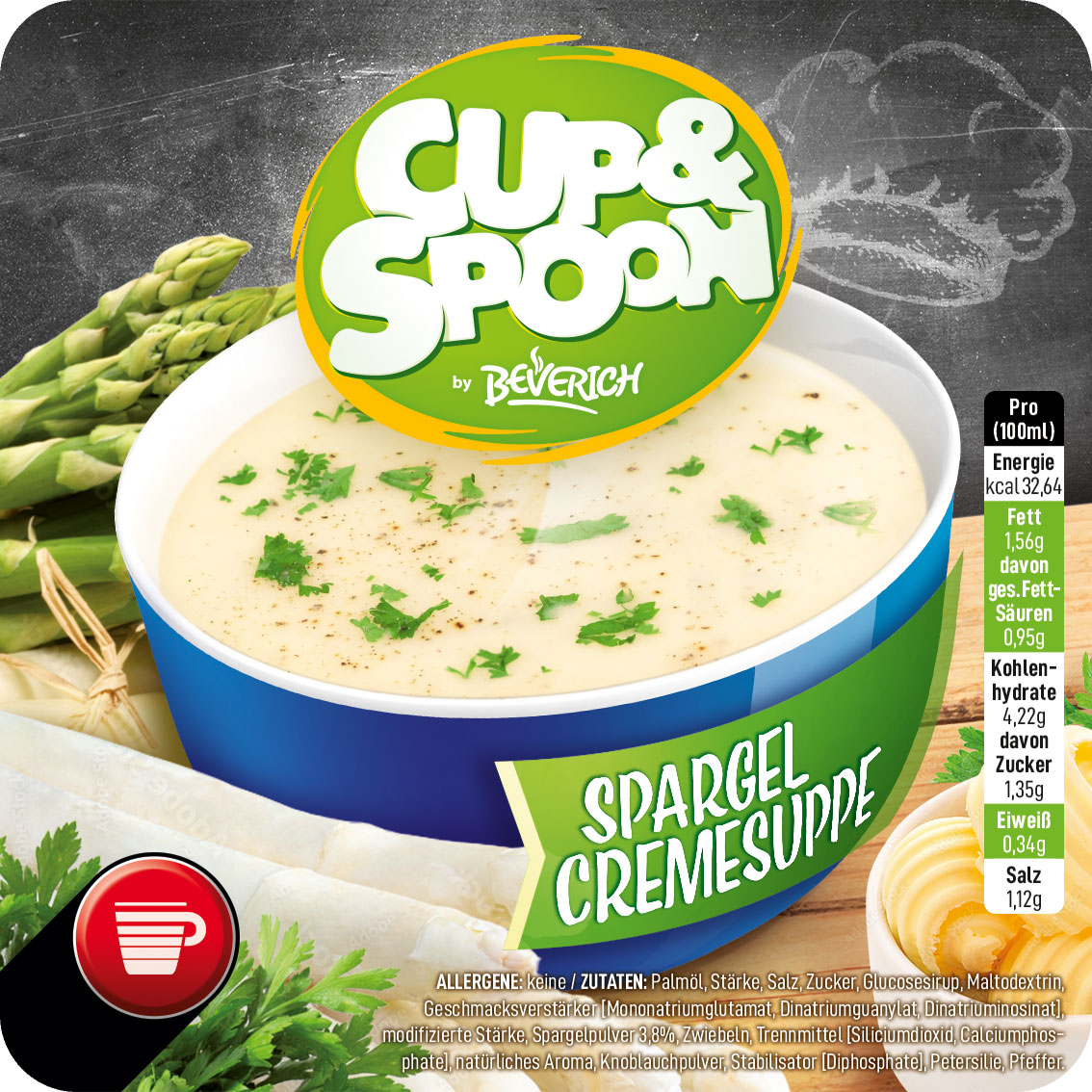 Das ist eine Schüssel, gefüllt mit der InCup Spargelcremesuppe unserer Marke, Cup & Spoon.