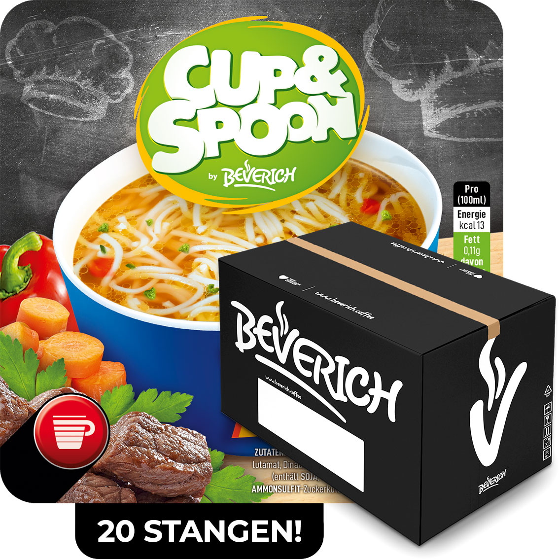 Das ist ein Karton, gefüllt mit InCup Bechern der Suppe Rinderbouillon mit Nudeln unserer Marke, Cup & Spoon.