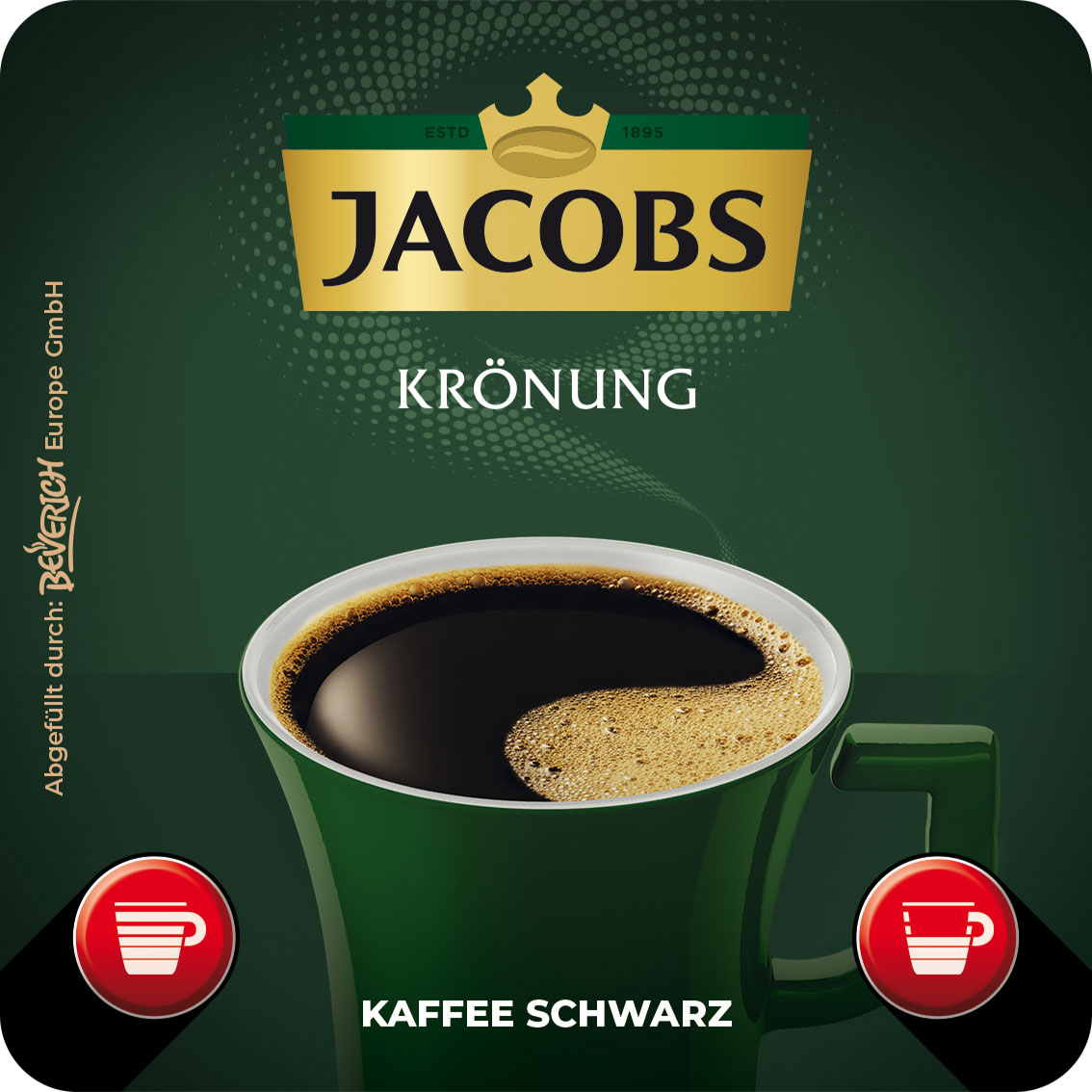 Das ist eine Tasse, gefüllt mit dem InCup Kaffee Jacobs Krönung schwarz.