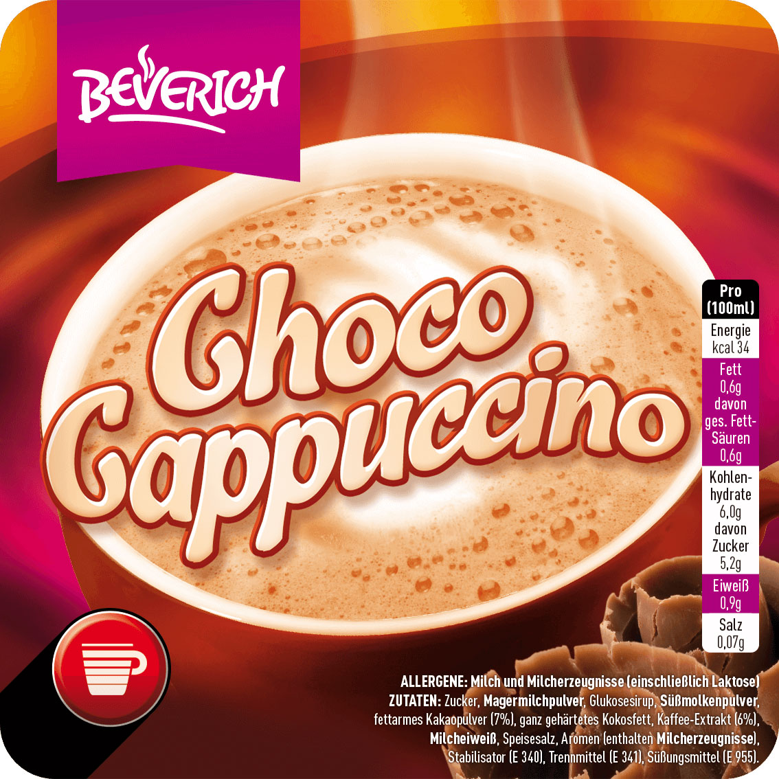 Das ist eine Tasse, gefüllt mit dem InCup Choco Cappuccino unserer Marke, Beverich.