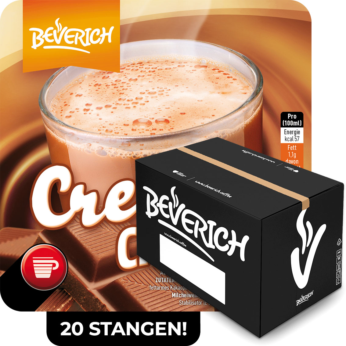 Das ist ein Karton, gefüllt mit InCup Bechern des Kakaos Creamy Choco unserer Marke, Beverich.