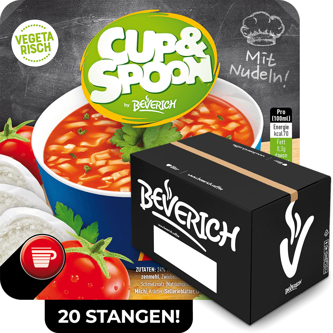 Das ist ein Karton, gefüllt mit InCup Bechern der vegetarischen Suppe Tomate-Mozzarella unserer Marke, Cup & Spoon.