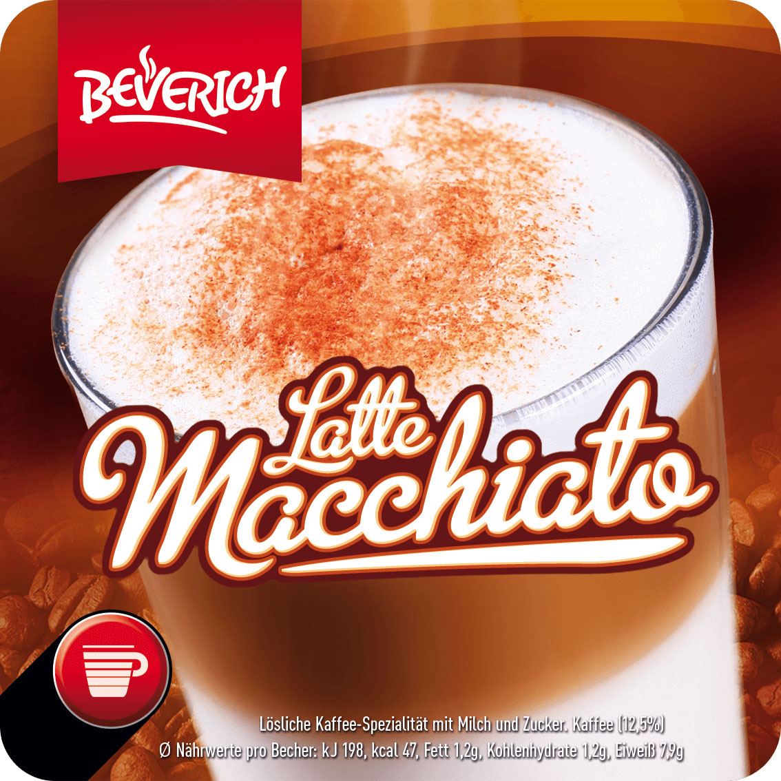 Das ist ein Glas, gefüllt mit dem InCup Latte Macchiato unserer Marke, Beverich.