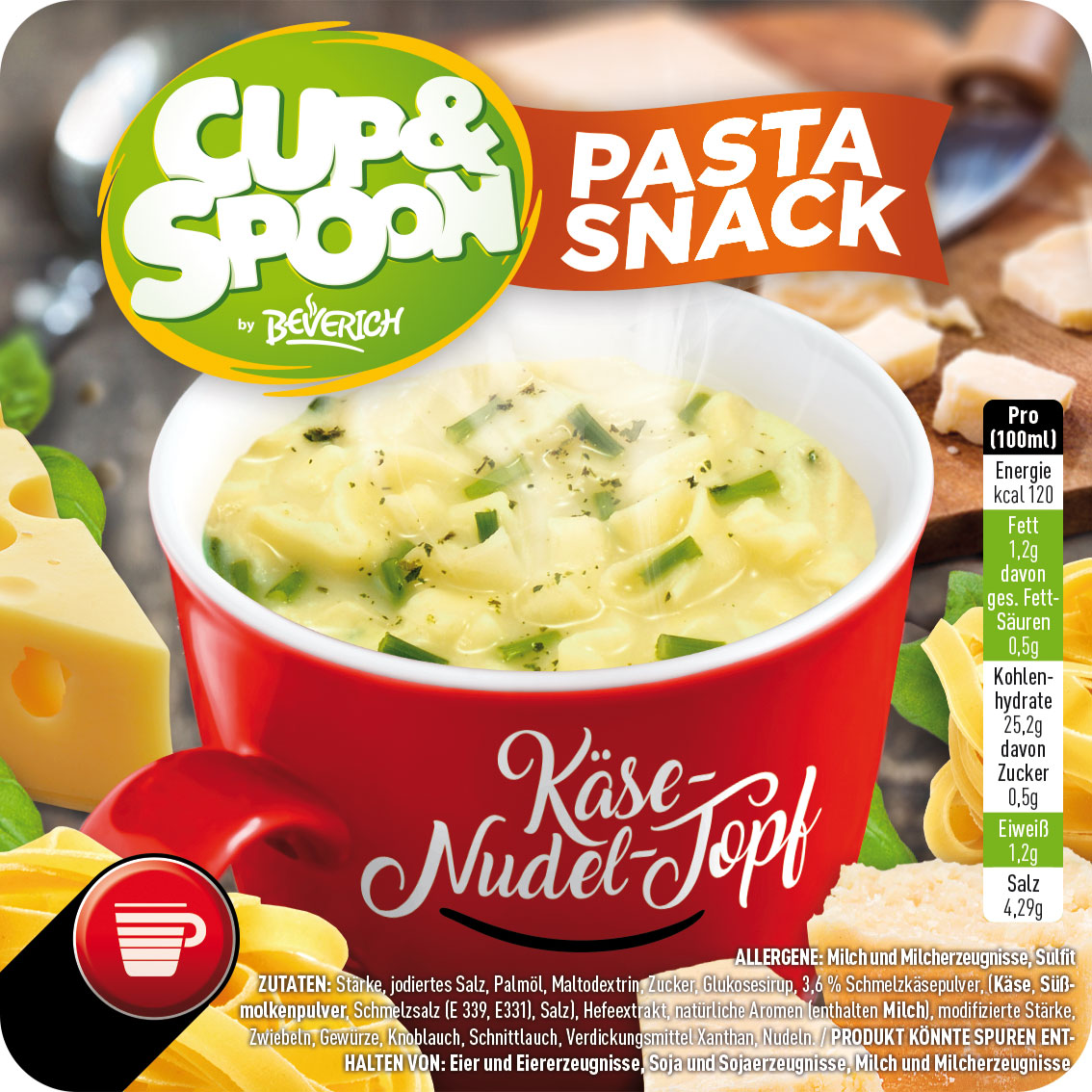 Das ist eine Tasse, gefüllt mit dem InCup Pasta Snack Käse-Nudel-Topf unserer Marke, Cup & Spoon.